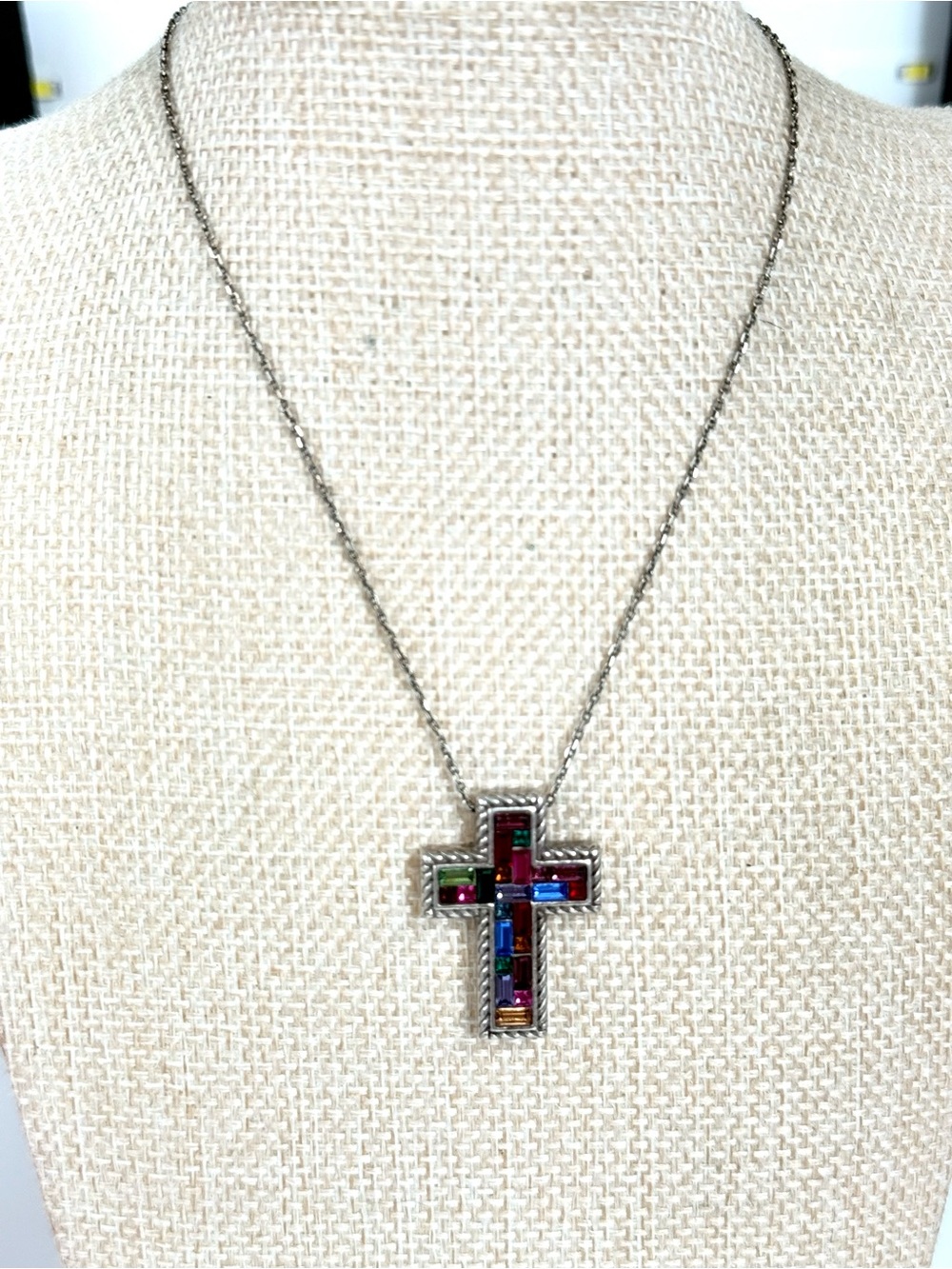 Brighton St. Michel Cross Necklace silver tone multi-color stones crystals - Picture 2 of 5
